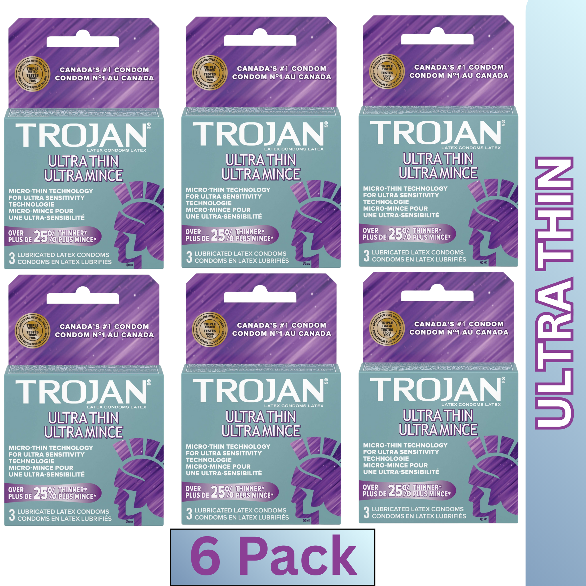 Trojan Ultra Thin Lubricated Latex Condoms 3 per Pack – Pack of 6 – Enhanced Sensitivity & Protection