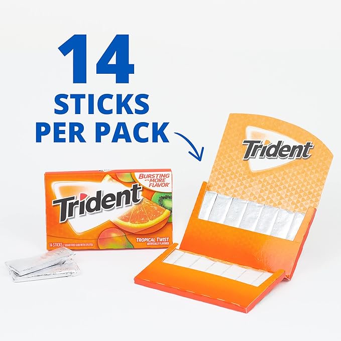 Trident Tropical Twist Sugar-Free Open Pack with 14 Sticks – Fruity Chewing Gum