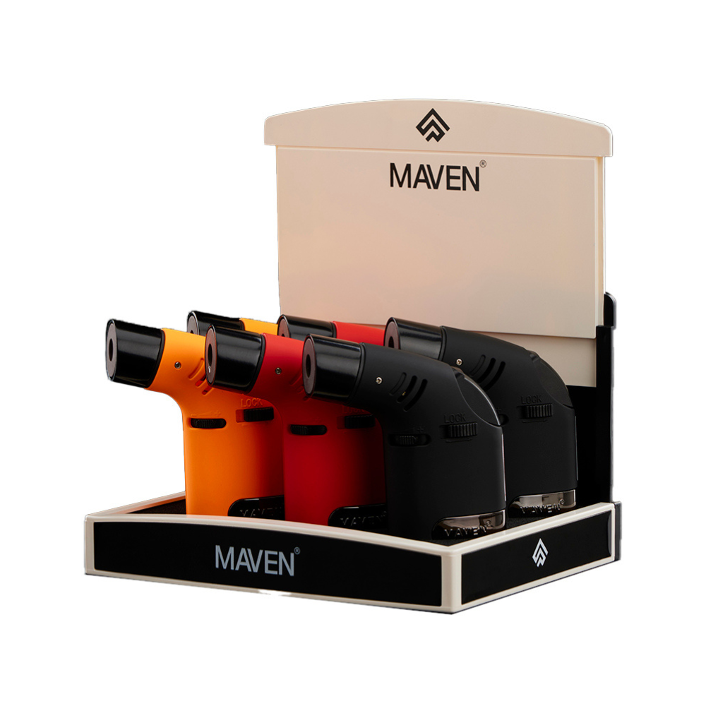 Display of Maven Tusk Torch Lighters – 6ct Pack Featuring Black, Red, and Orange Jet Flame Refillable Torches
