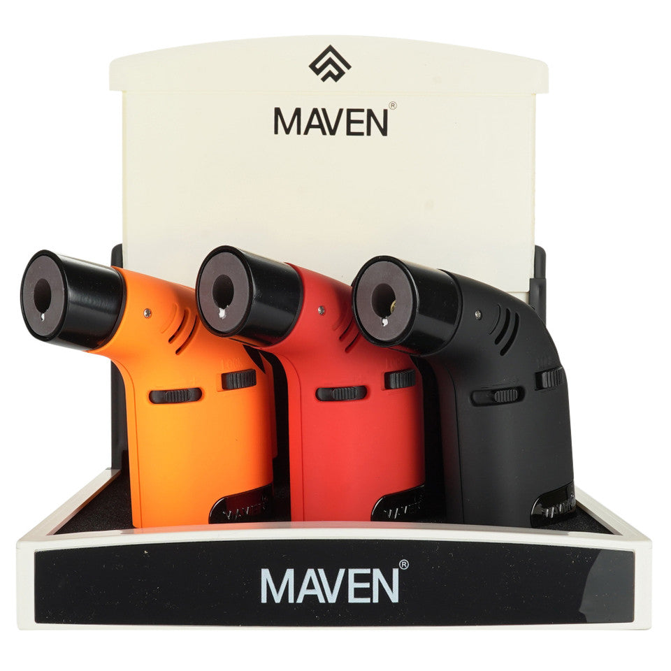 Maven Tusk Torch Lighters – 6ct Display Pack in Black, Red, and Orange – Refillable Butane Jet Flame Lighters