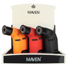 Maven Tusk Torch Lighters – 6ct Display Pack in Black, Red, and Orange – Refillable Butane Jet Flame Lighters