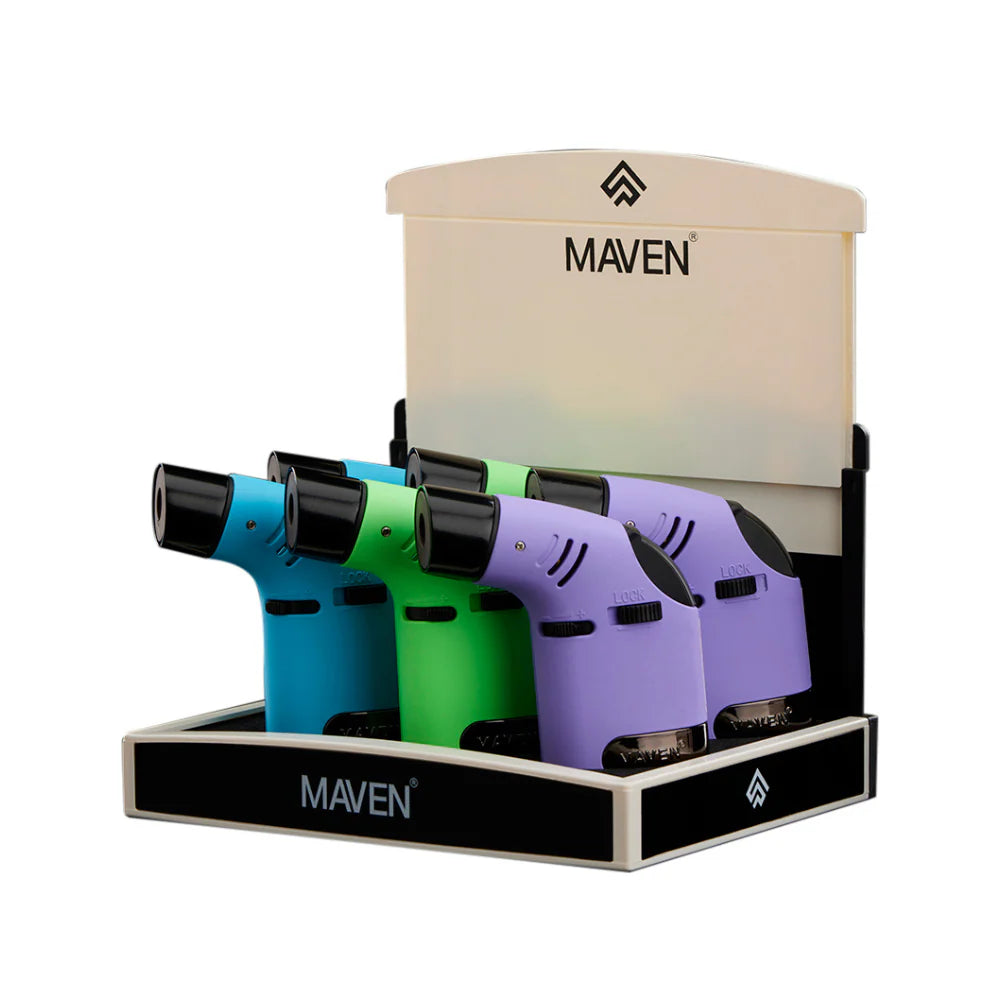 Maven Tusk Torch Display Pack of 6 Refillable Butane Torch Lighters – Assorted in Purple, Green, and Blue