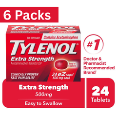 Tylenol Extra Strength 500mg Acetaminophen Tablets – Easy-to-Swallow Coated – 24 Count (Pack of 6)