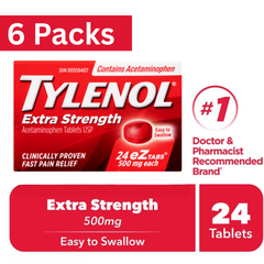 Tylenol Extra Strength 500mg Acetaminophen Tablets – Easy-to-Swallow Coated – 24 Count (Pack of 6)