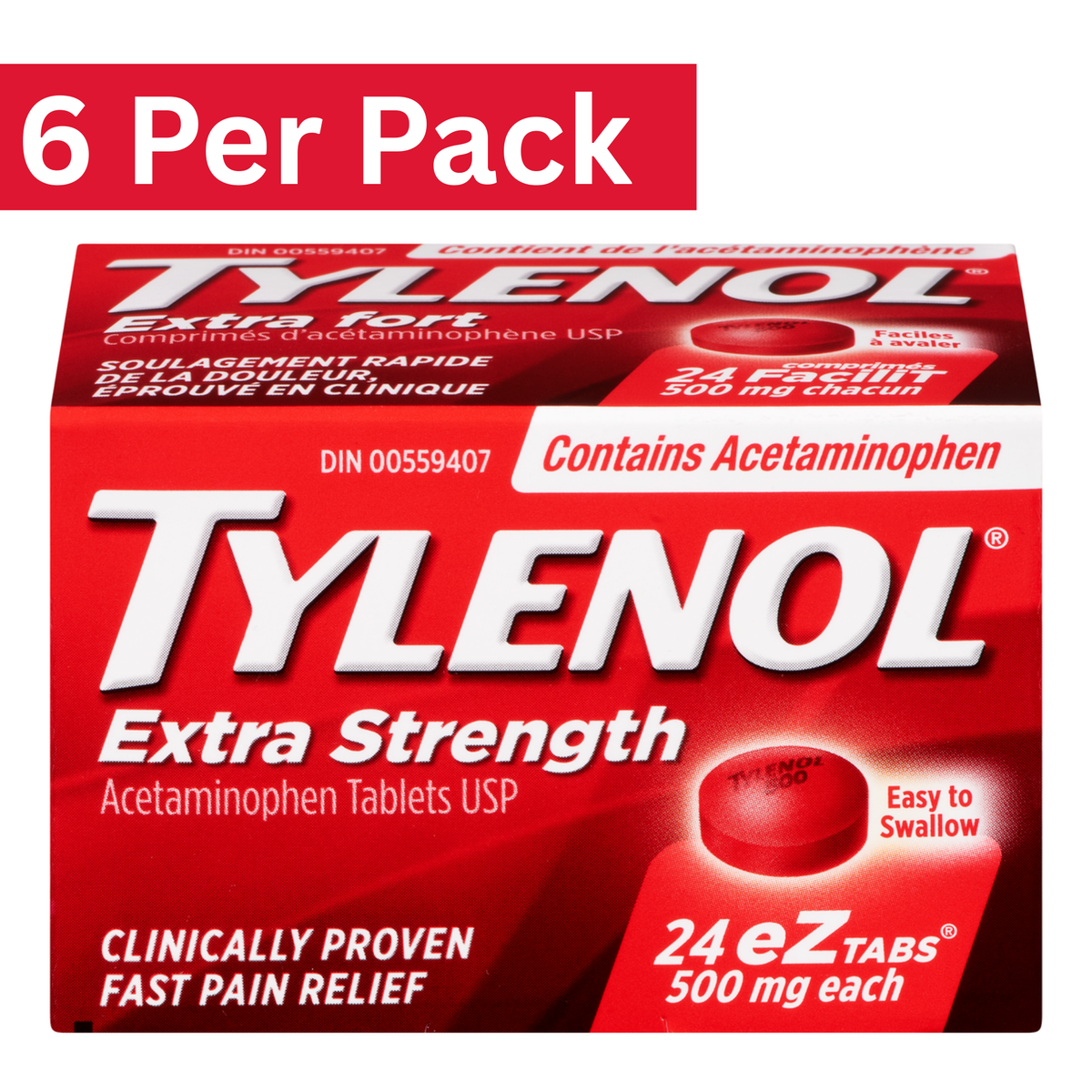 Tylenol Extra Strength 500mg Acetaminophen Tablets – Easy-to-Swallow Coated – 24 Count (Pack of 6)