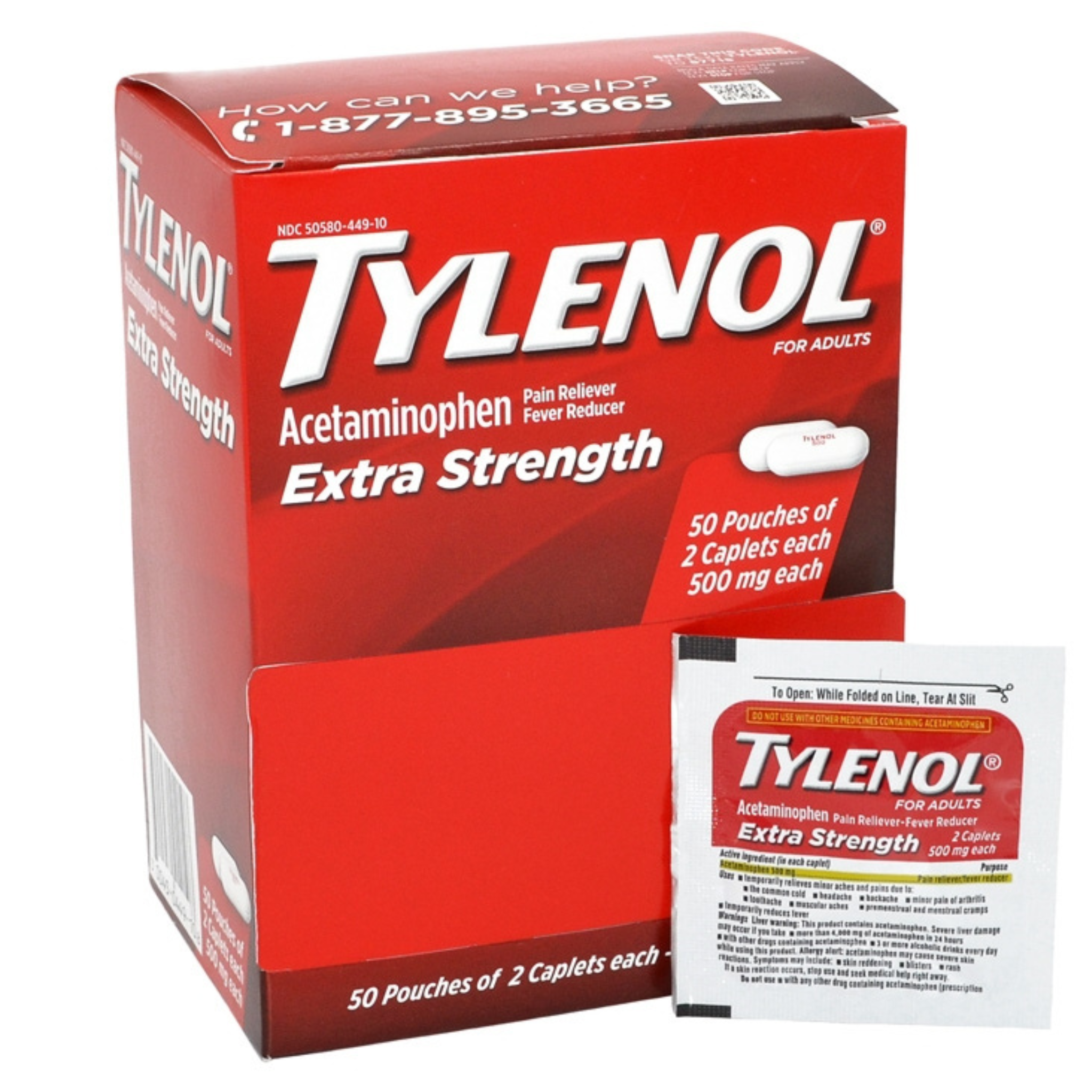 Tylenol Extra Strength 500mg Acetaminophen Caplets – 50 Pouches × 2 Caplets, Bulk Pain Relief