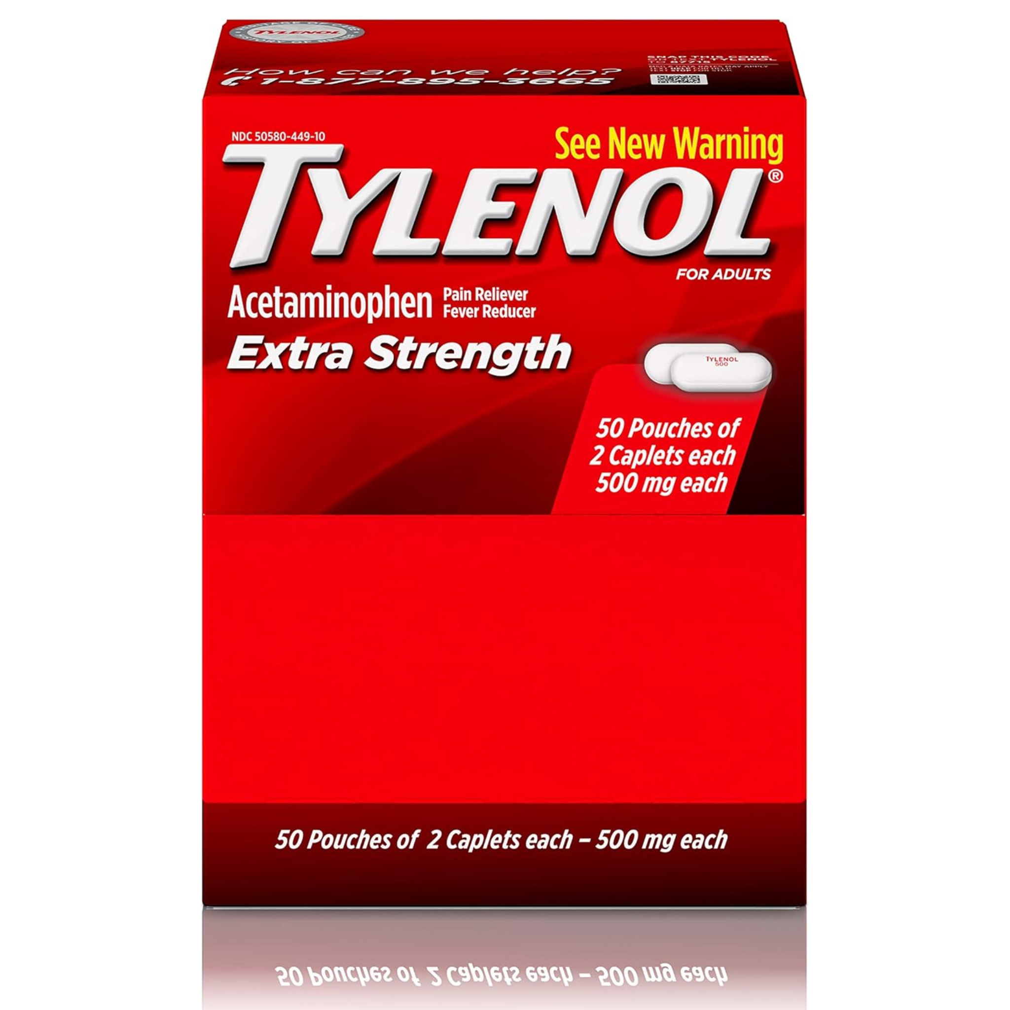 Tylenol Extra Strength 500mg Acetaminophen Caplets – 50 Pouches × 2 Caplets, Bulk Pain Relief