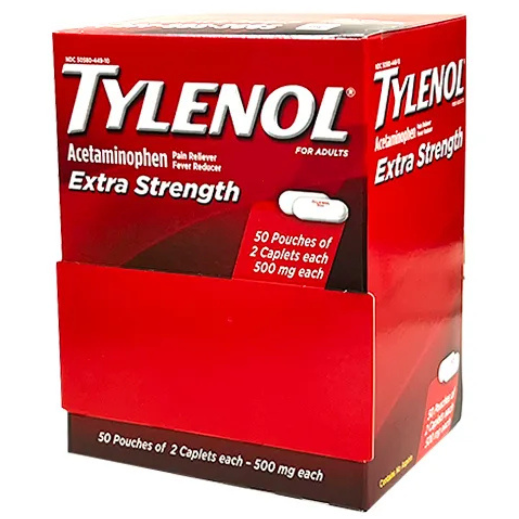 Tylenol Extra Strength 500mg Acetaminophen Caplets – 50 Pouches × 2 Caplets, Bulk Pain Relief