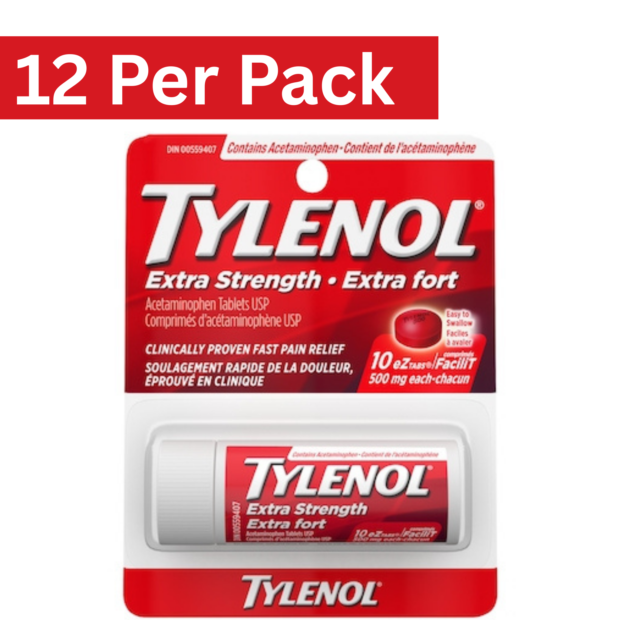 Tylenol Extra Strength 500mg eZTabs – 10 Count Tablets Pack of 12 – Wholesale Pain Relief Medicine