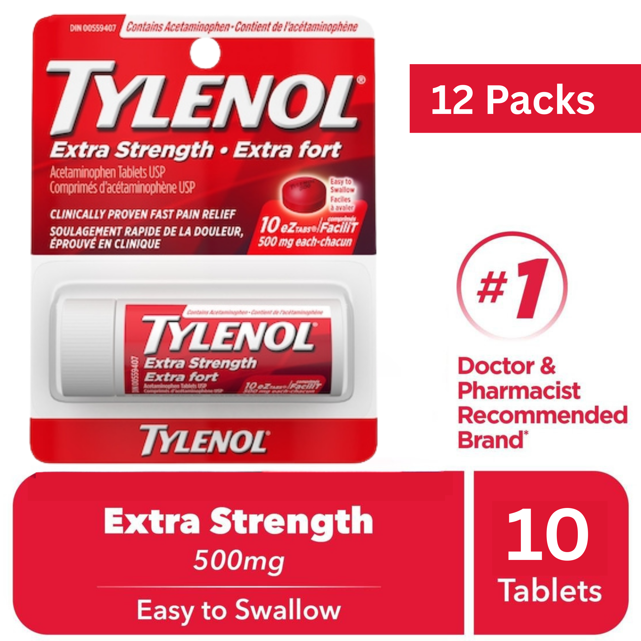 Tylenol Extra Strength 500mg eZTabs – 10 Count Tablets Pack of 12 – Wholesale Pain Relief Medicine