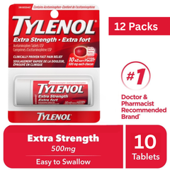 Tylenol Extra Strength 500mg eZTabs – 10 Count Tablets Pack of 12 – Wholesale Pain Relief Medicine