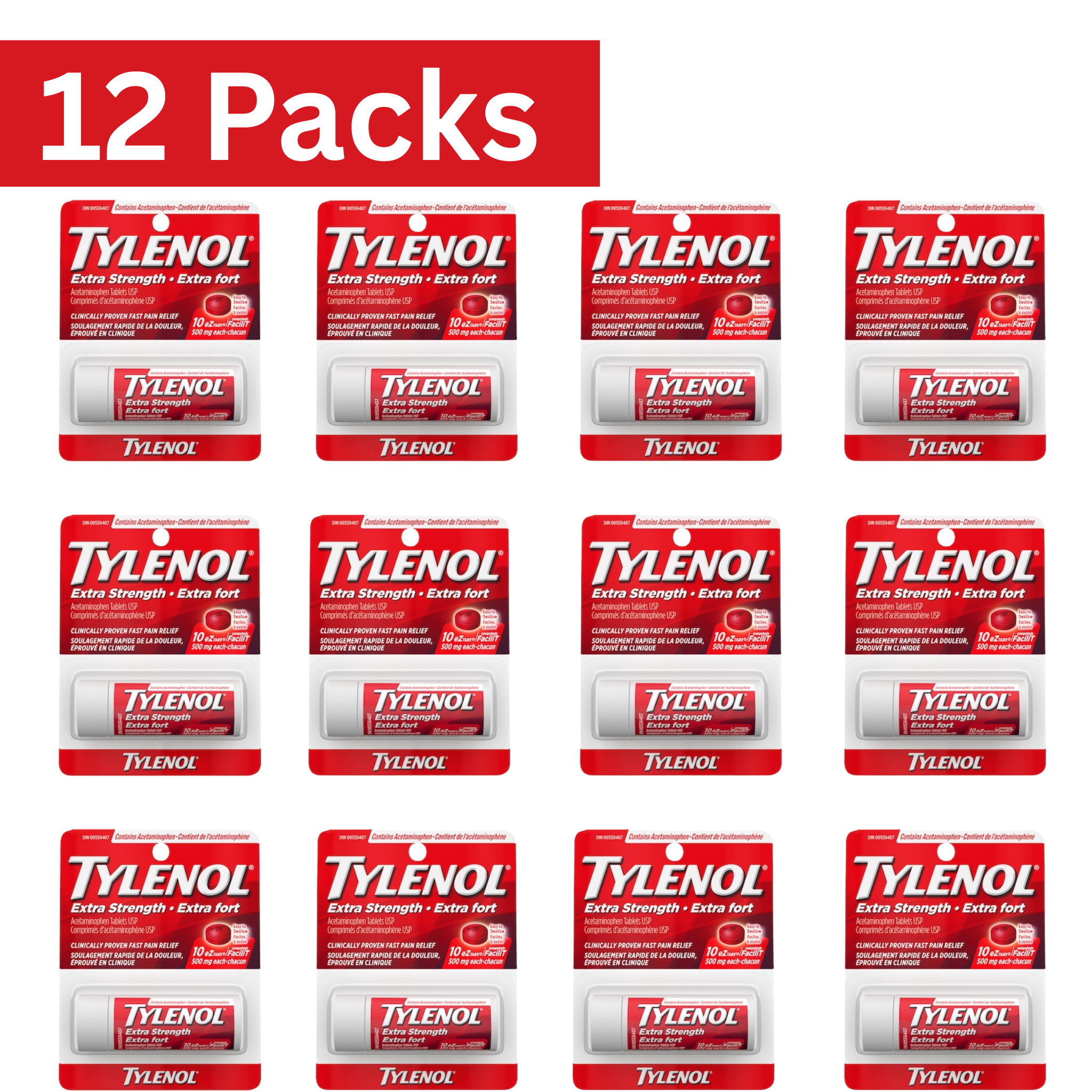 Tylenol Extra Strength 500mg eZTabs – 10 Count Tablets Pack of 12 – Wholesale Pain Relief Medicine