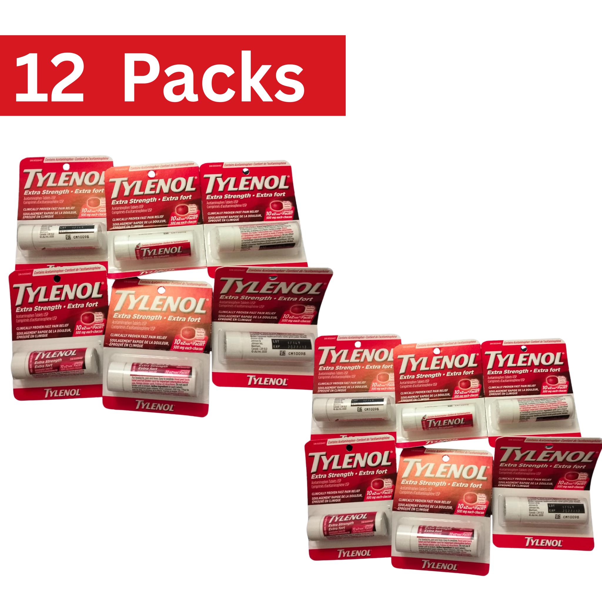 Tylenol Extra Strength 500mg eZTabs – 10 Count Tablets Pack of 12 – Wholesale Pain Relief Medicine
