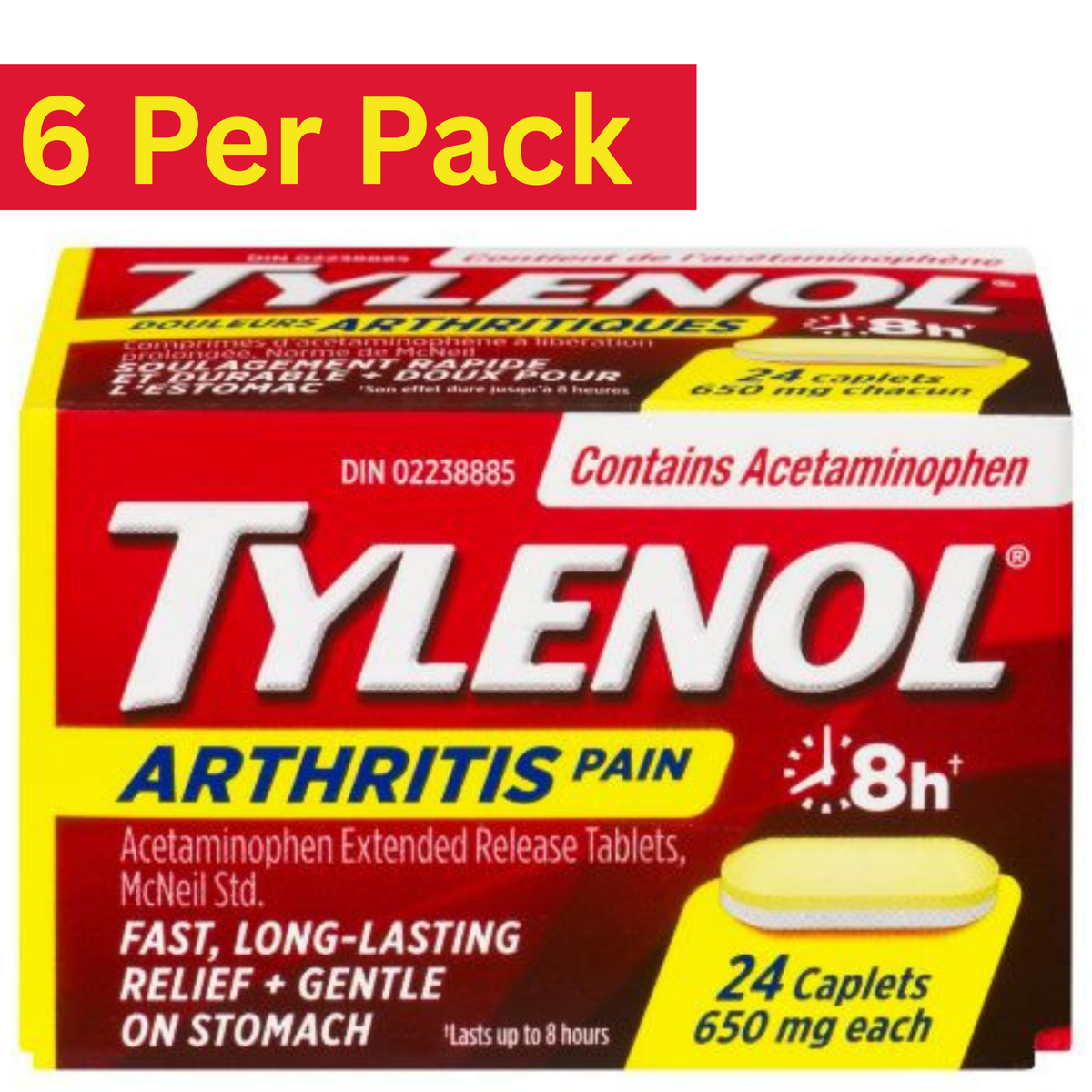Tylenol Arthritis Pain Caplets 650mg Extended Release – 24 Caplets Pack of 6 – Bulk Pain Relief Tablets