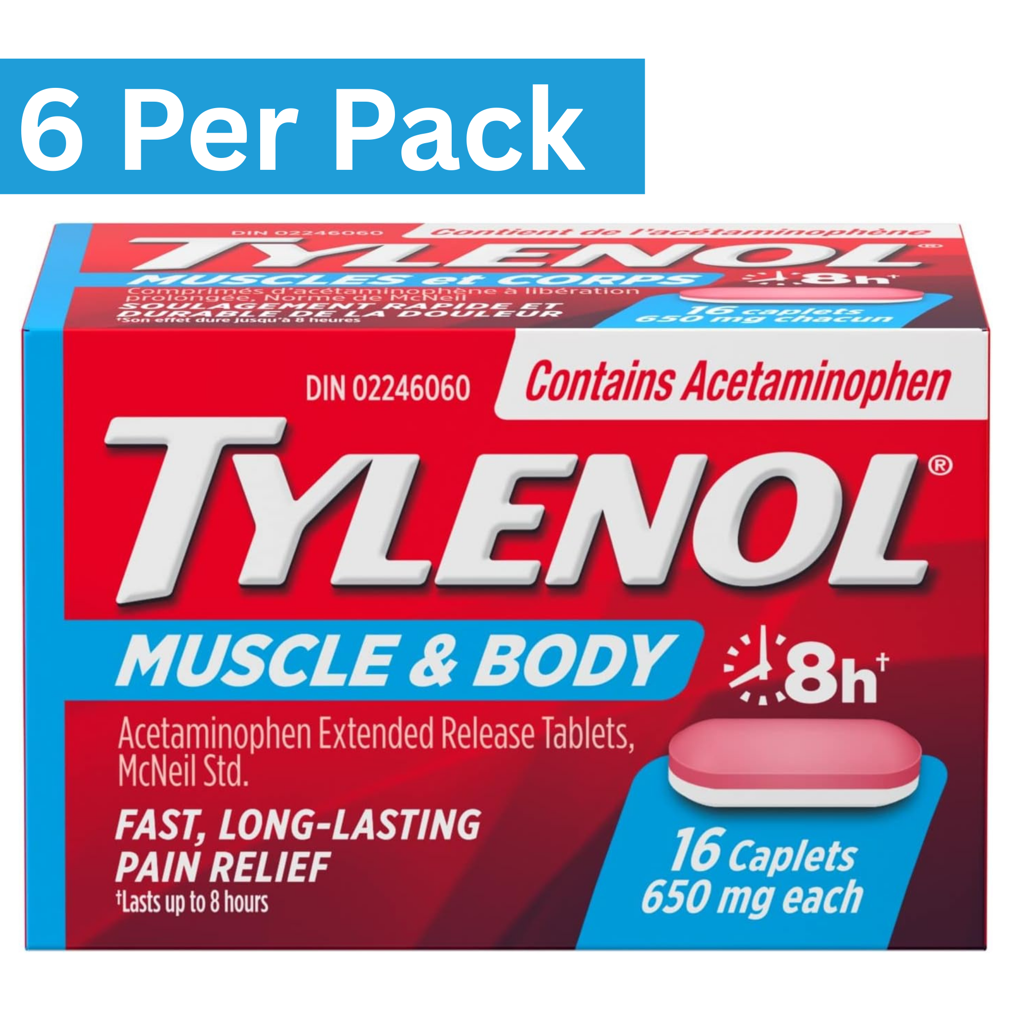 Tylenol Muscle Aches & Body Pain Caplets 650mg Extended Release – 16 Count Box, Pack of 6 – Wholesale Pain Relief Medicine