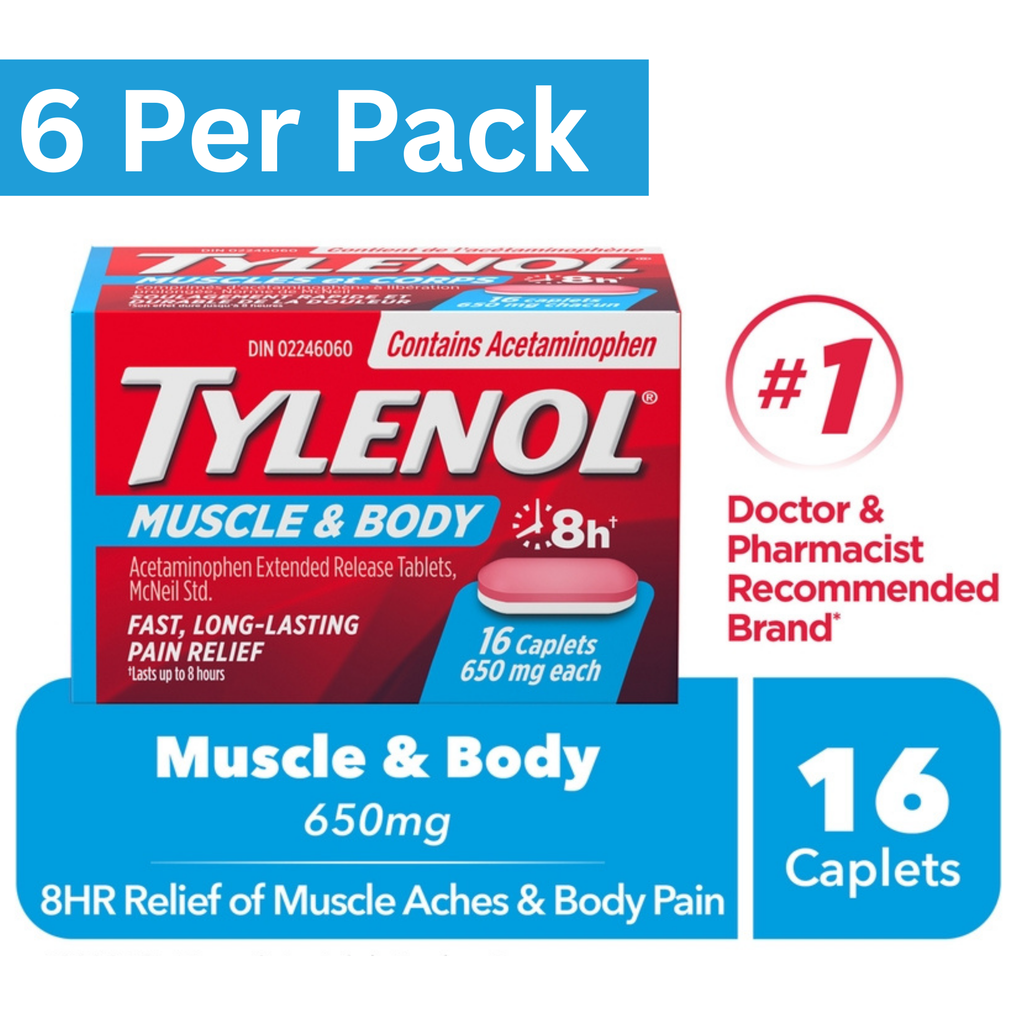 Tylenol Muscle Aches & Body Pain Caplets 650mg Extended Release – 16 Count Box, Pack of 6 – Wholesale Pain Relief Medicine