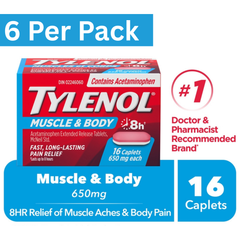 Tylenol Muscle Aches & Body Pain Caplets 650mg Extended Release – 16 Count Box, Pack of 6 – Wholesale Pain Relief Medicine