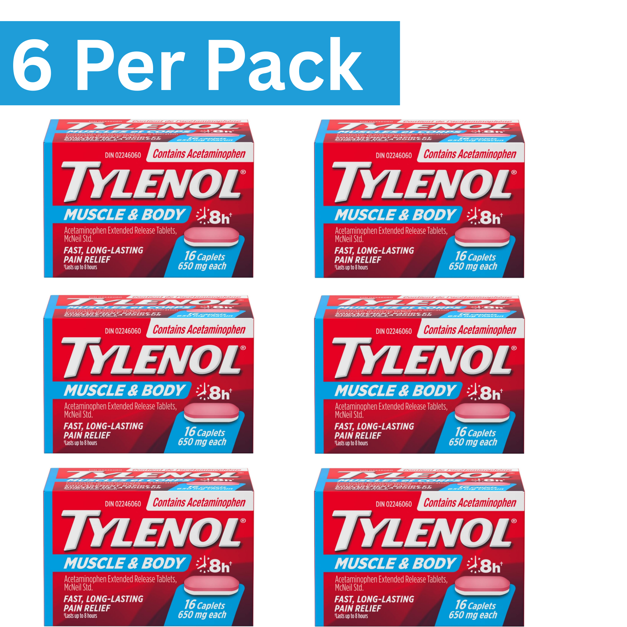 Tylenol Muscle Aches & Body Pain Caplets 650mg Extended Release – 16 Count Box, Pack of 6 – Wholesale Pain Relief Medicine