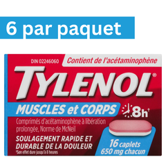 Comprimés Tylenol pour douleurs musculaires et corporelles 650 mg à libération prolongée – Boîte de 16 comprimés, paquet de 6 – Médicaments antidouleur en gros