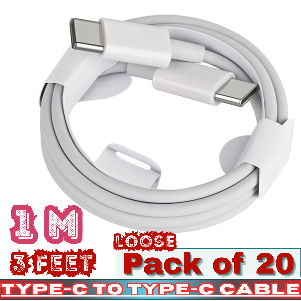Type-C to Type-C Fast Charging Cable – 1M / 3FT – Loose Pack of 20
