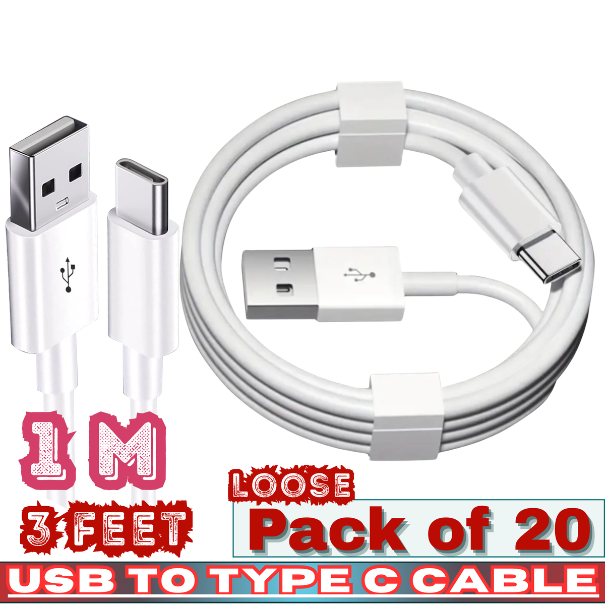 USB to Type-C Fast Charging Cable – 1M / 3FT – Loose Pack of 20