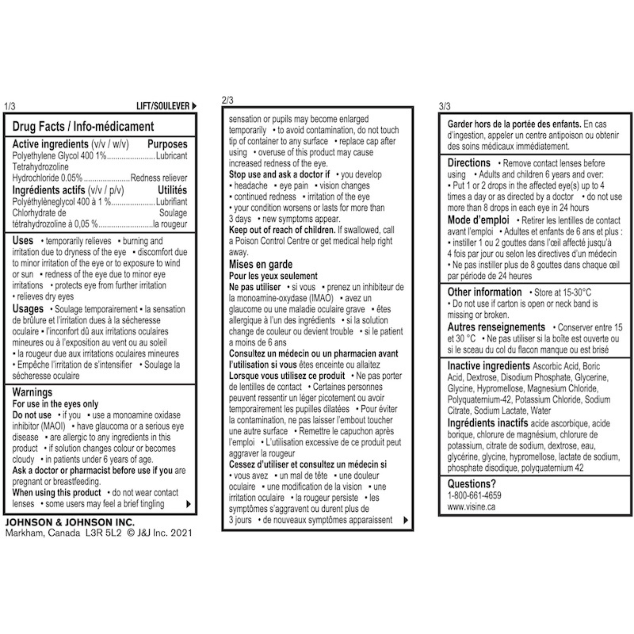 Drug facts label of Visine Workplace Eye Drops 15ml eye drops with Uses, Ingredients and Warning instructions and product details.
