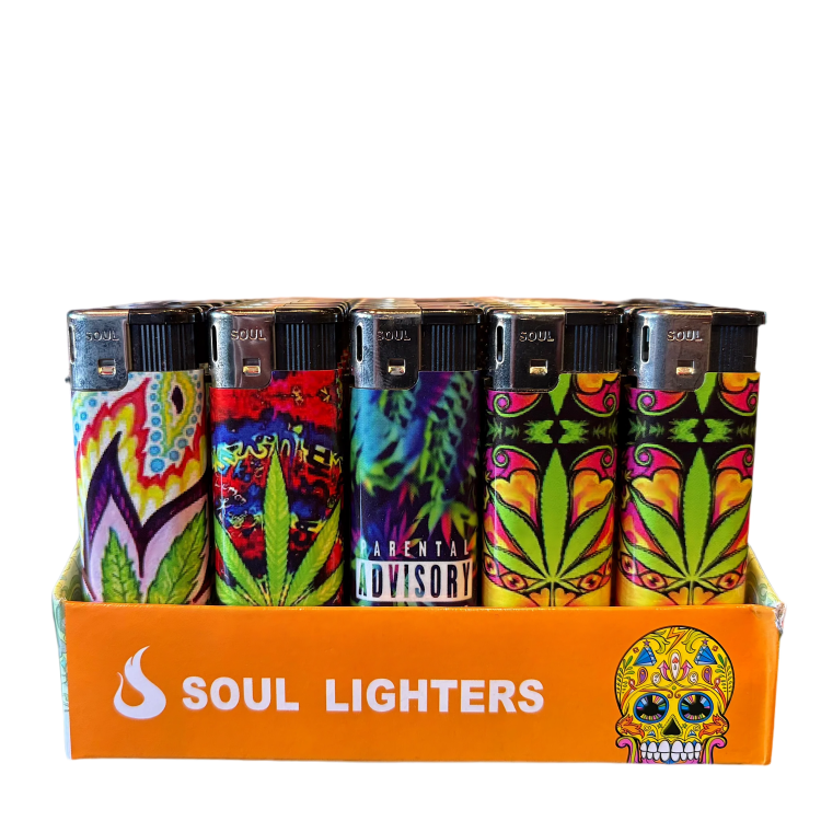 Display of colorful lighters in a box labeled 'Soul Lighters' on a white background