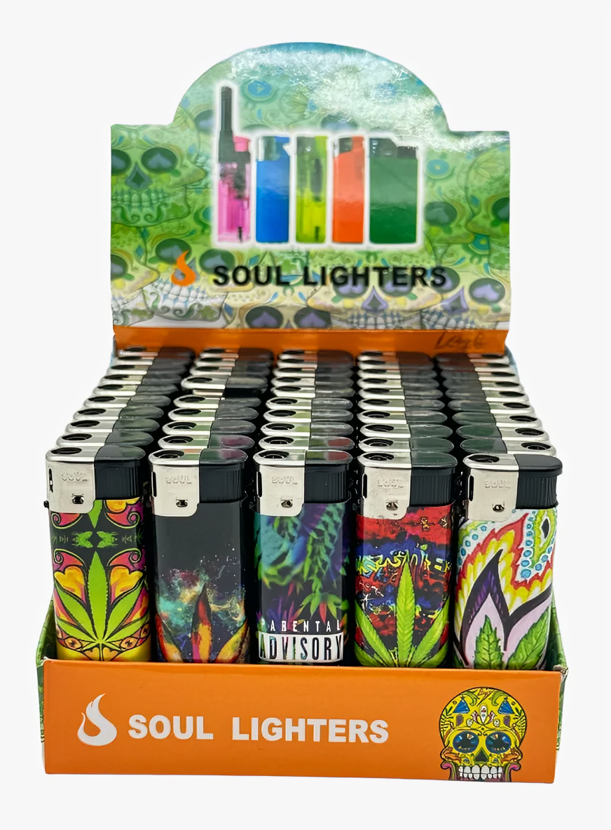 Soul Lighters Leaf Print Pocket Torch Lighter, refillable windproof flame, Box of 50