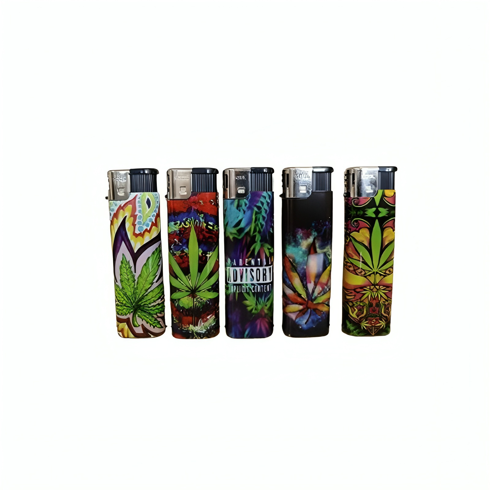 Five colorful lighters with cannabis-themed designs on a white background
