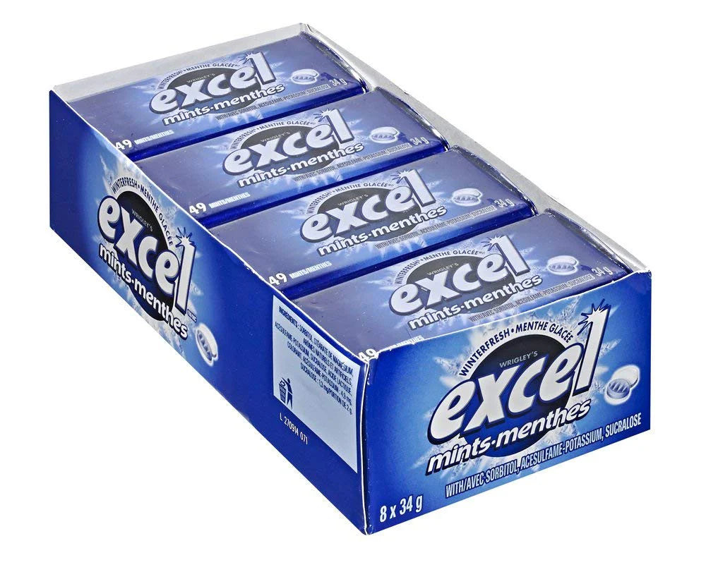 Excel Mints Winterfresh flavor sugar-free mints in 8 convenient pocket-sized tins for fresh breath