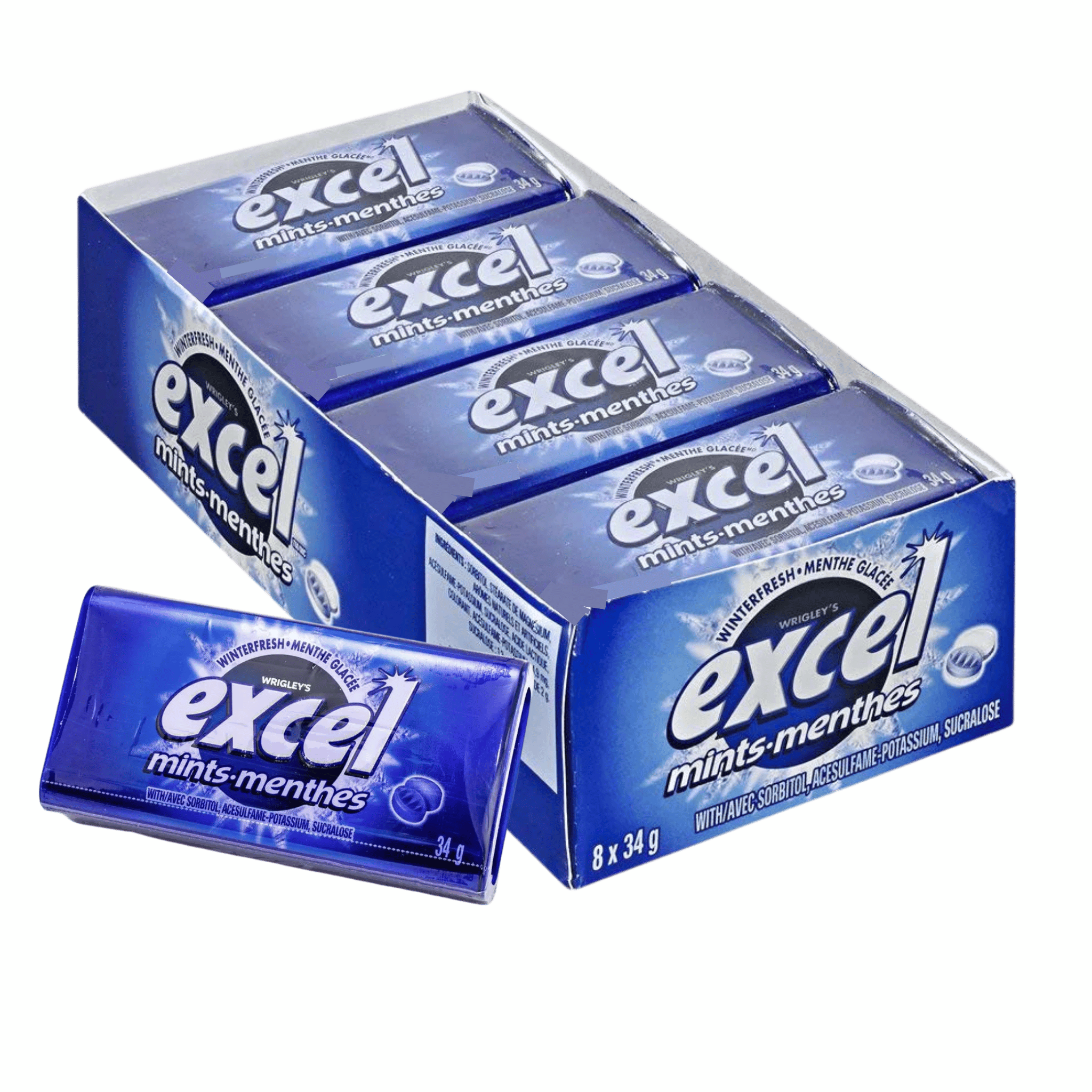 Excel Mints Winterfresh flavor sugar-free mints in 8 convenient pocket-sized tins for fresh breath