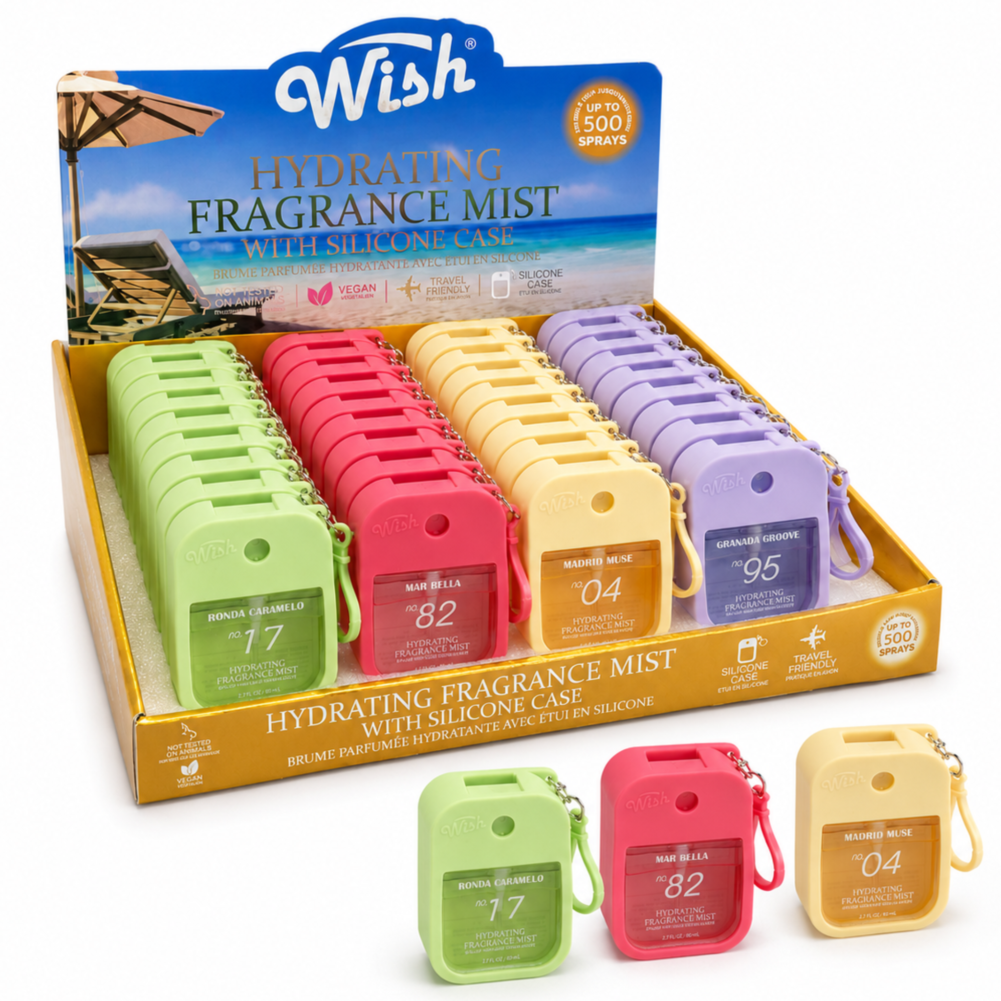 Wish Hydrating Fragrance Mist with Silicone Case, 4 Fragrances, 35ml, 40 Piece Display Box