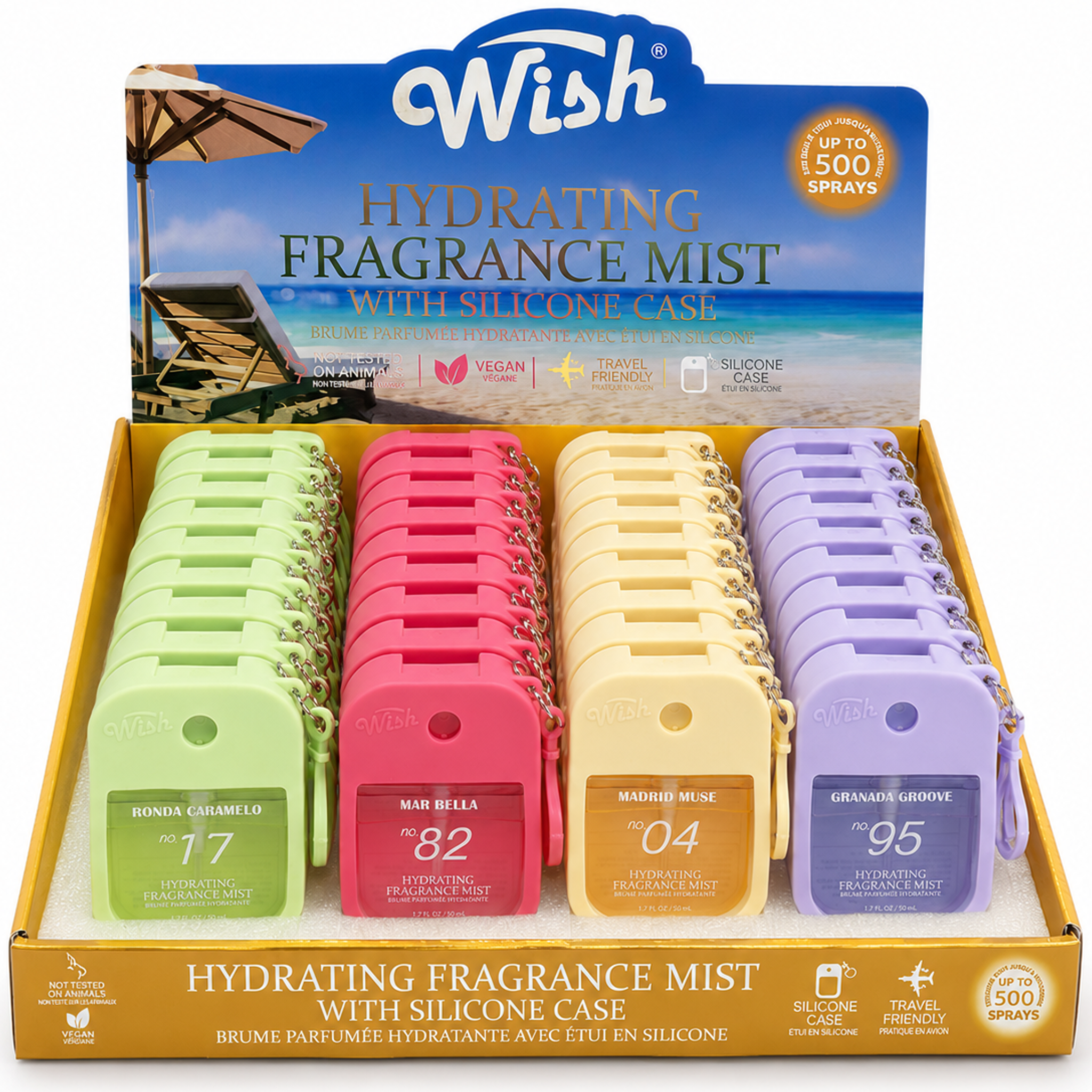 Wish Hydrating Fragrance Mist with Silicone Case, 4 Fragrances, 35ml, 40 Piece Display Box