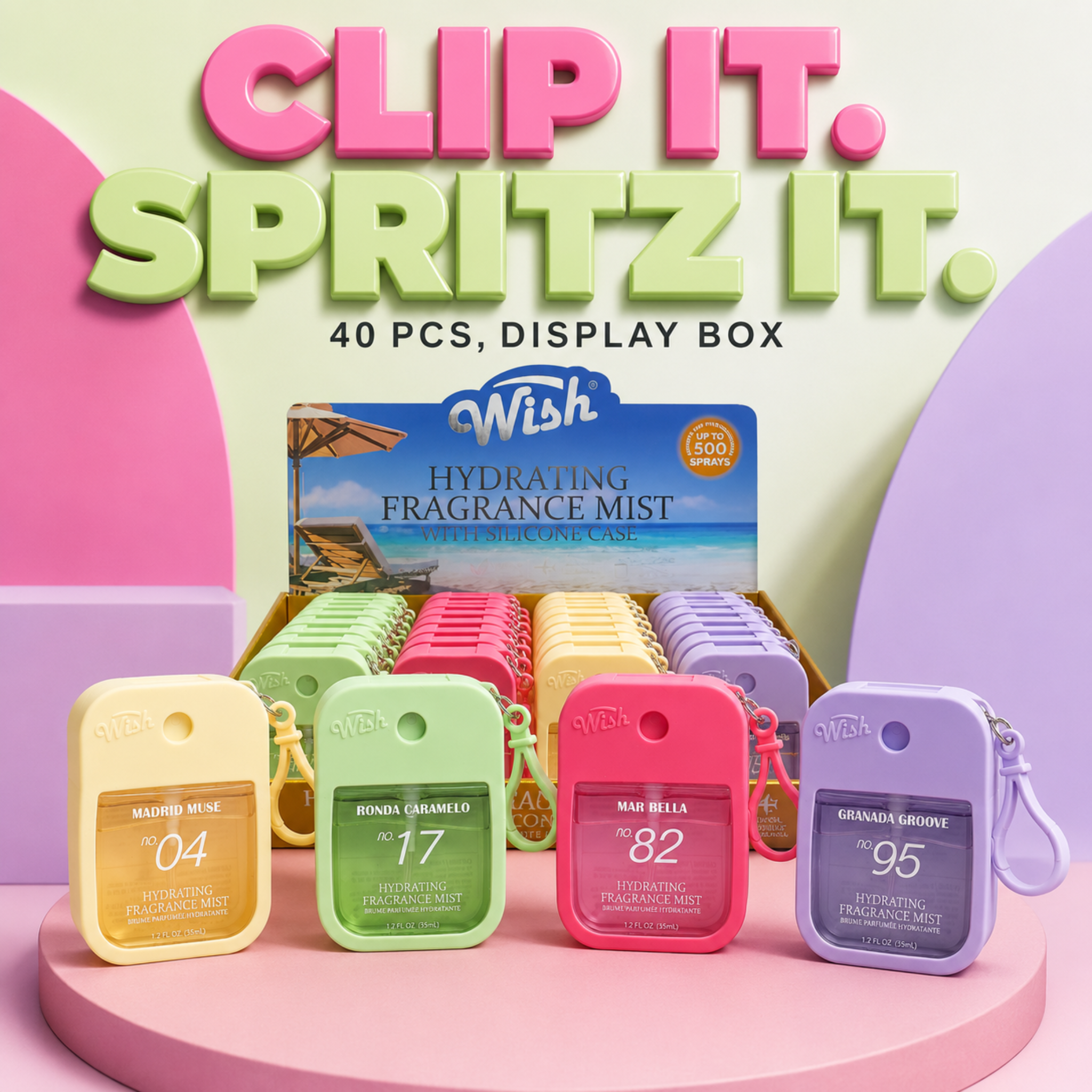 Wish Hydrating Fragrance Mist with Silicone Case, 4 Fragrances, 35ml, 40 Piece Display Box