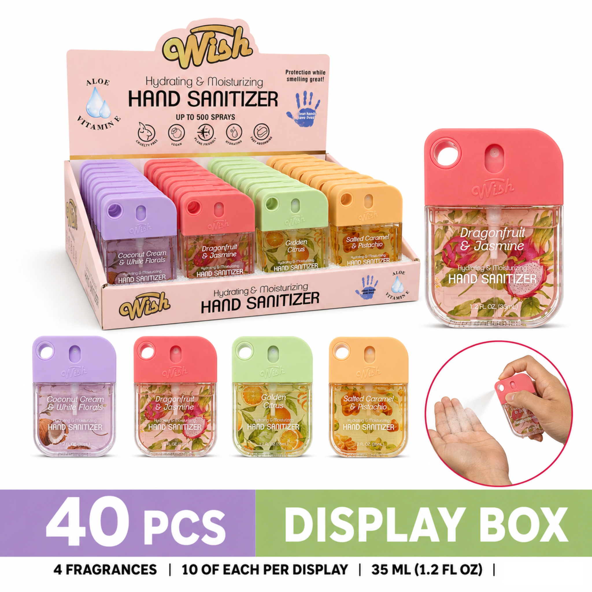 Wish Hand Sanitizer Spray with Keychain, Aloe and Vitamin E, 35ml, 40 Piece Display Box