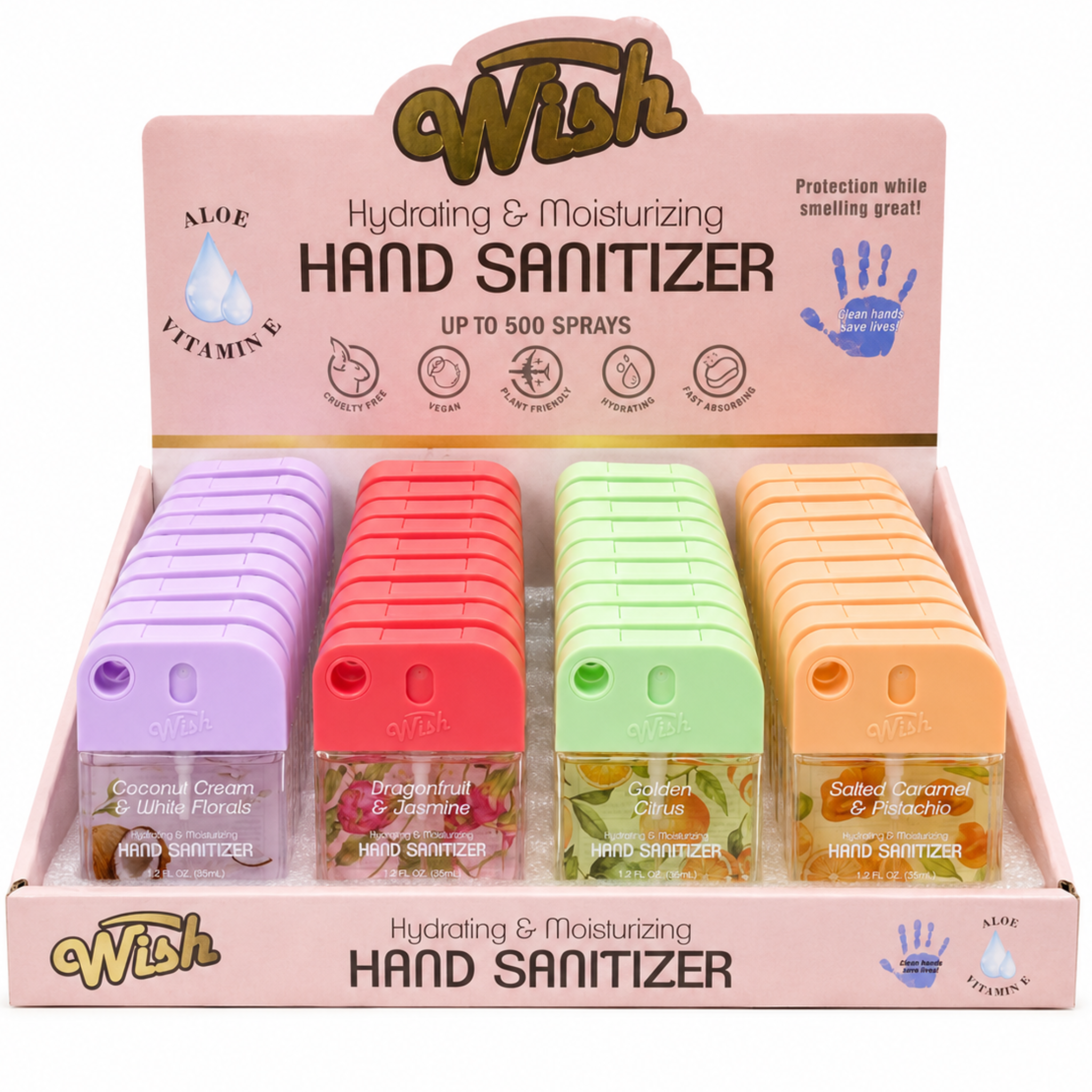 Wish Hand Sanitizer Spray with Keychain, Aloe and Vitamin E, 35ml, 40 Piece Display Box