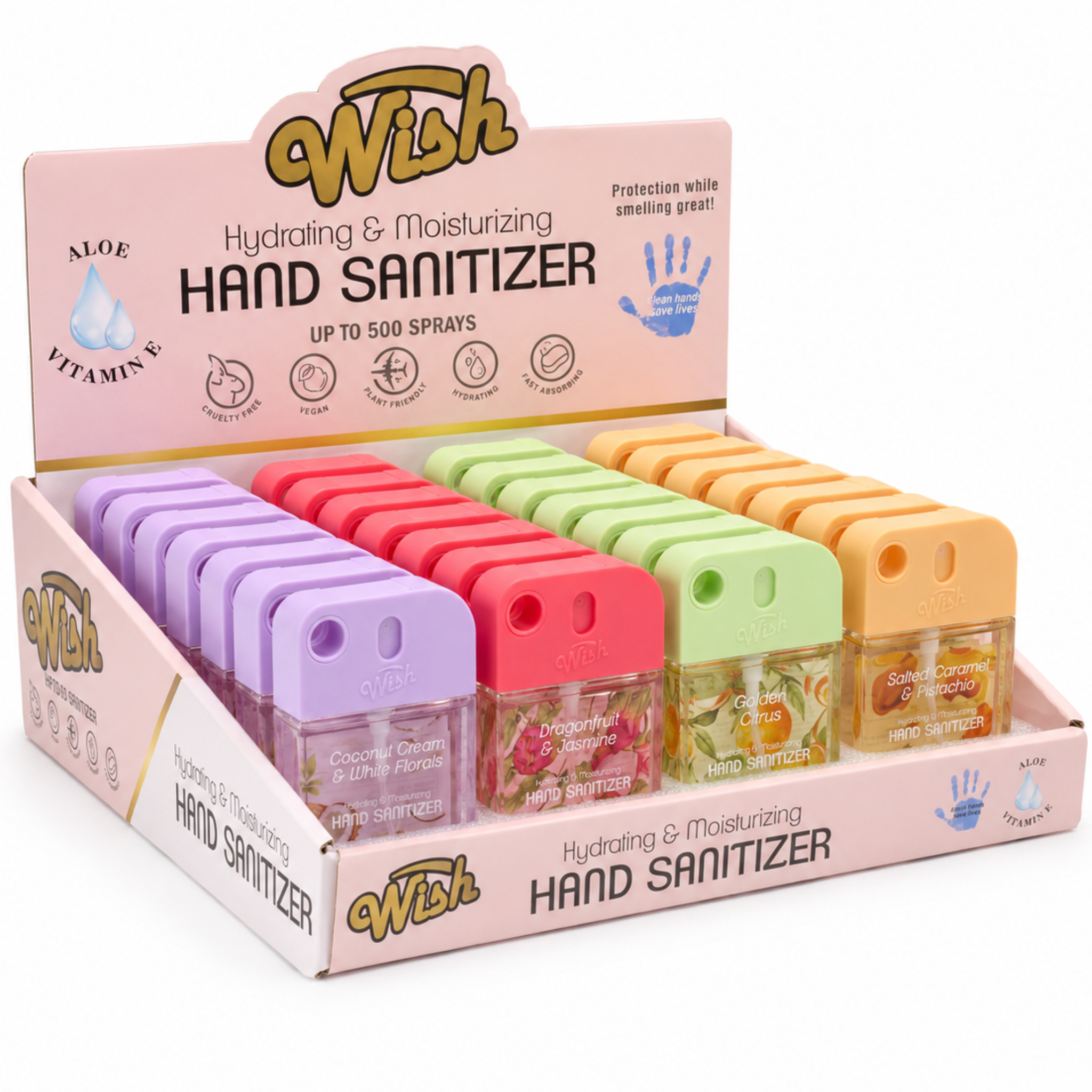 Wish Hand Sanitizer Spray with Keychain, Aloe and Vitamin E, 35ml, 40 Piece Display Box