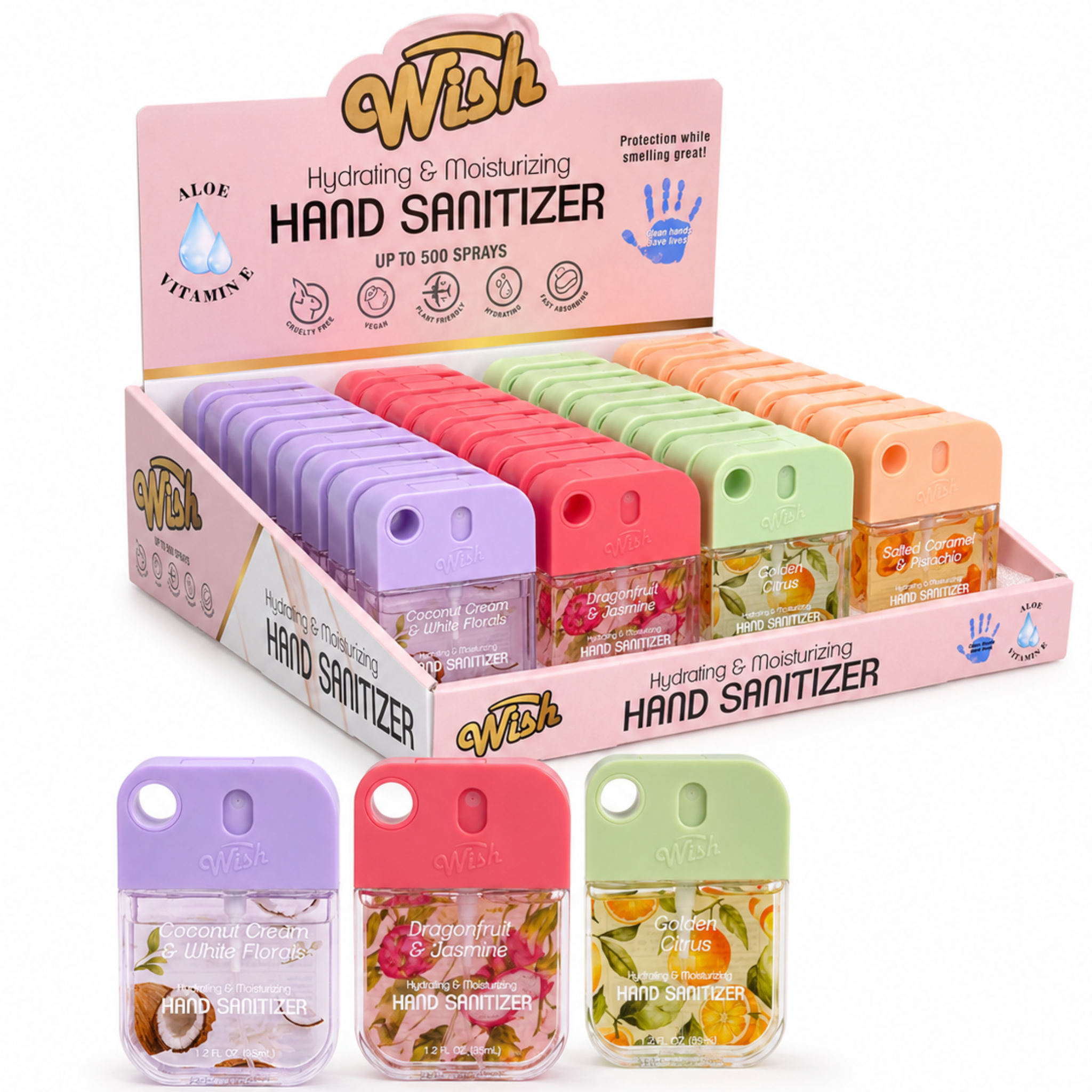 Wish Hand Sanitizer Spray with Keychain, Aloe and Vitamin E, 35ml, 40 Piece Display Box