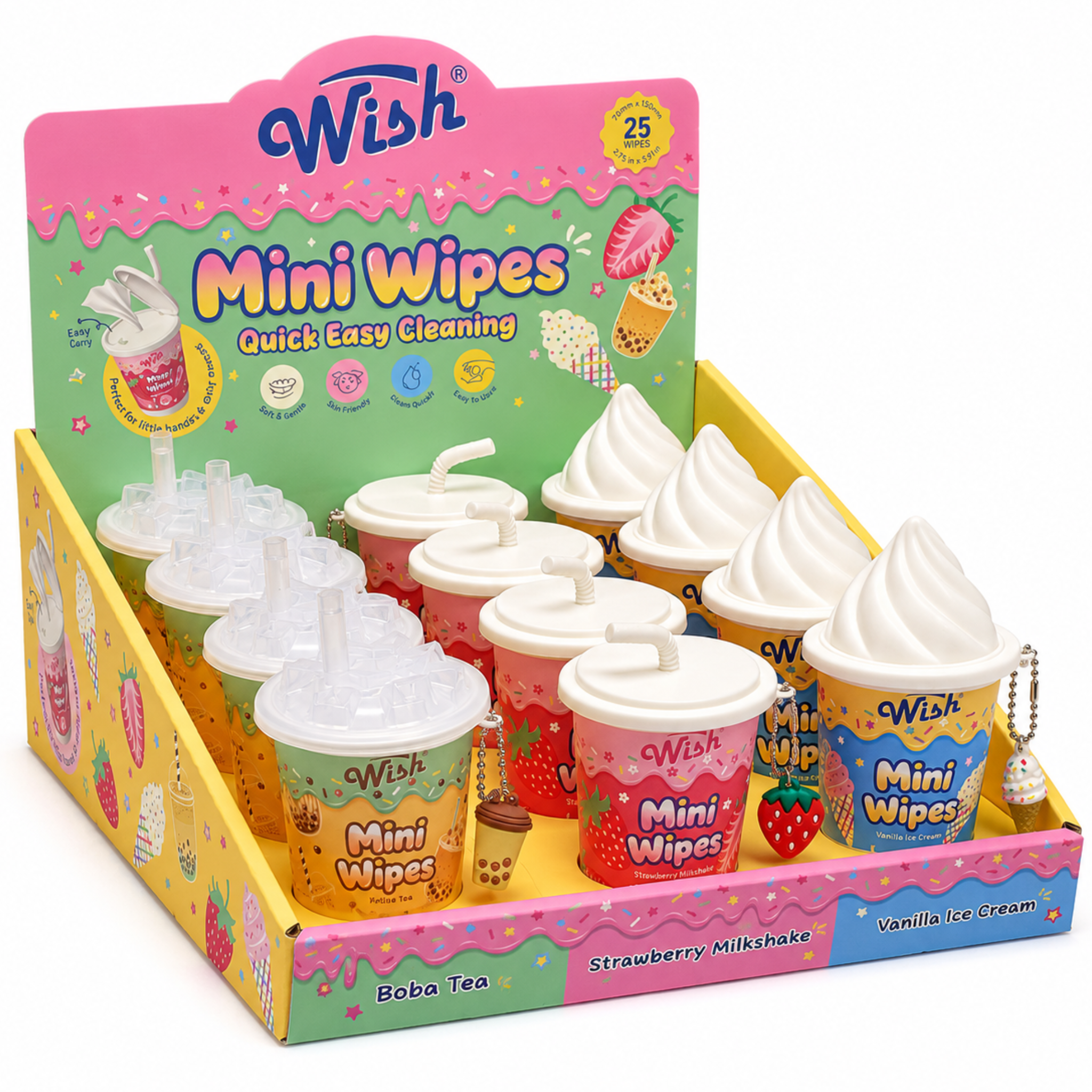 Wish Hand Wipes with Keychain, 25 Wipes per Cup, 3 Dessert Scents, 12 Piece Display Box