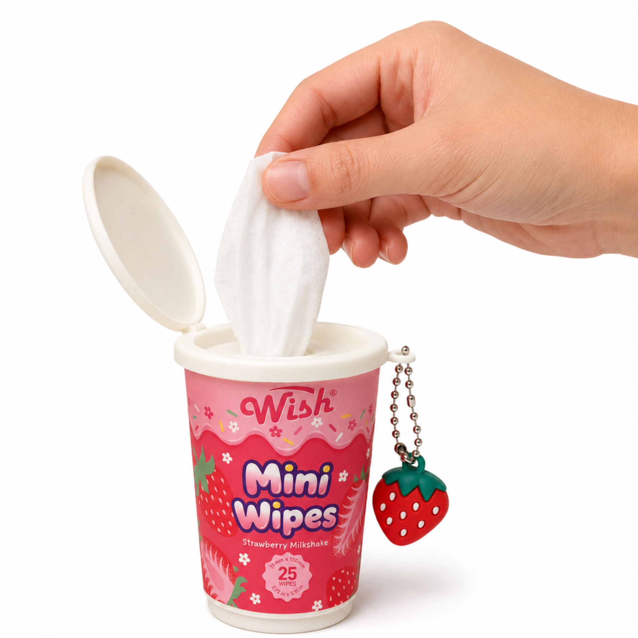 Wish Hand Wipes with Keychain, 25 Wipes per Cup, 3 Dessert Scents, 12 Piece Display Box