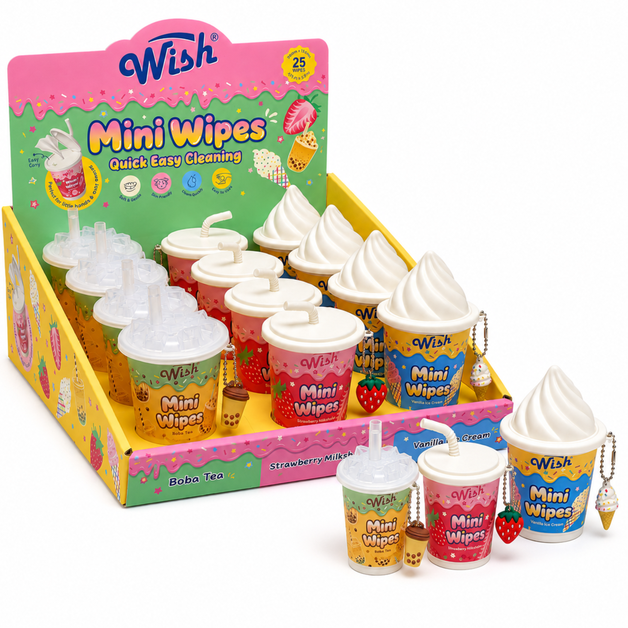 Wish Hand Wipes with Keychain, 25 Wipes per Cup, 3 Dessert Scents, 12 Piece Display Box