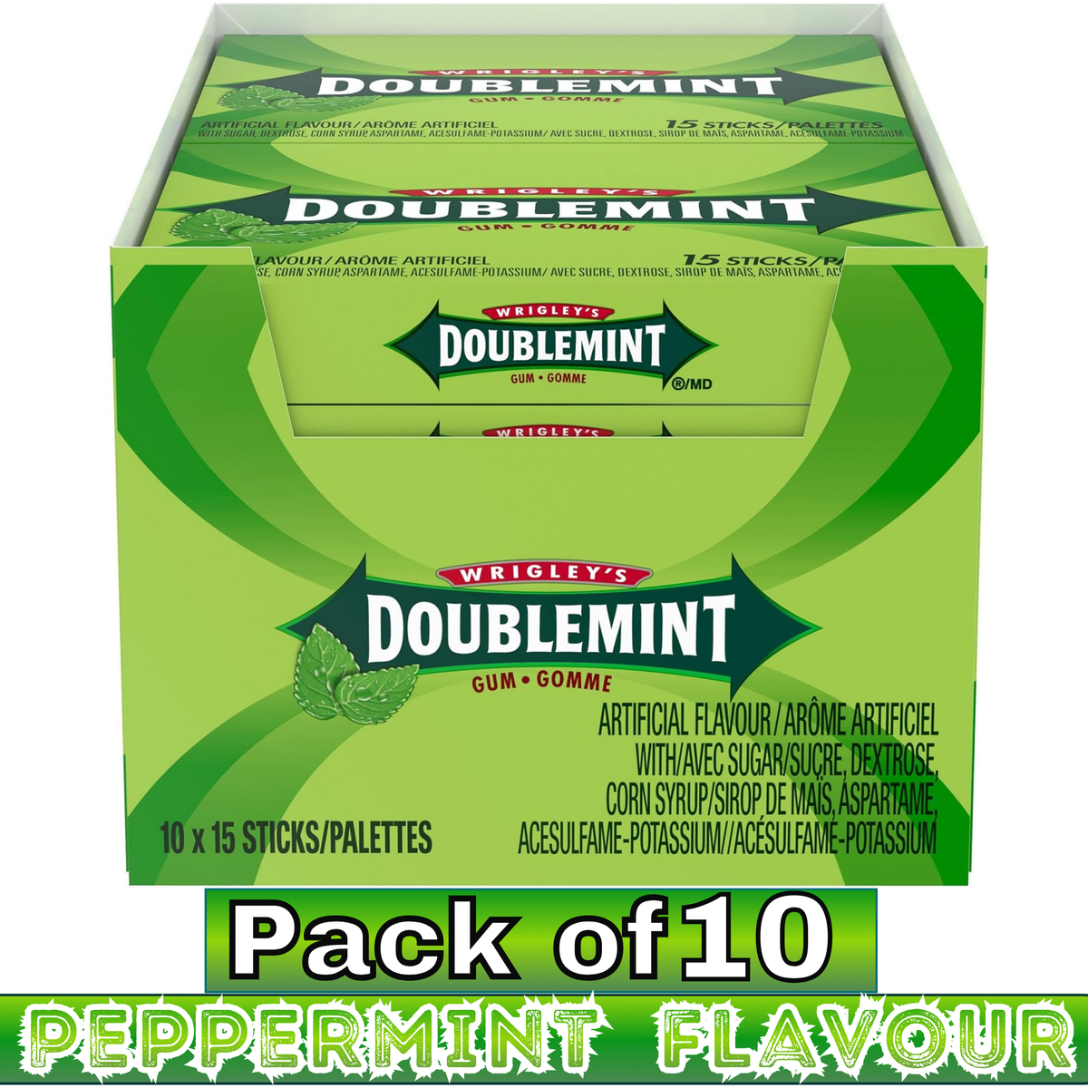Wrigley’s Doublemint Peppermint Flavour Chewing Gum – 15 Sticks per Pack – Pack of 10