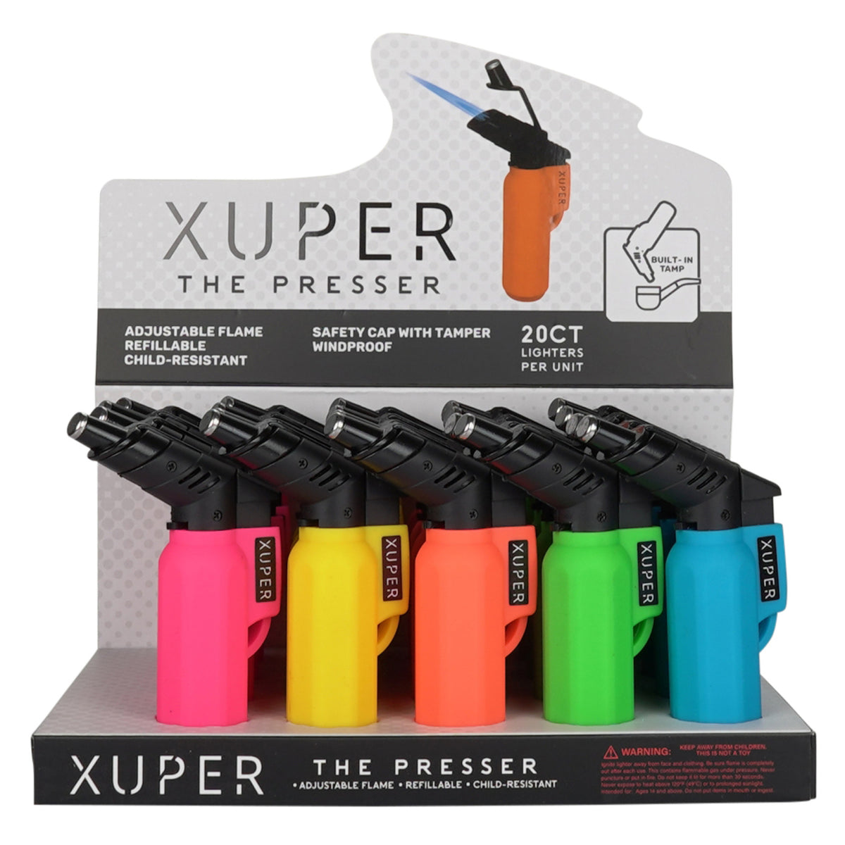 Xuper The Presser Refillable Torch Lighters – 20 Count Assorted Display Pack – Windproof and Child-Resistant