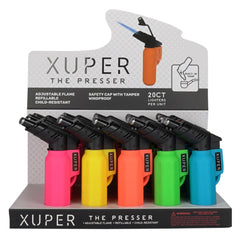 Xuper The Presser Refillable Torch Lighters – 20 Count Assorted Display Pack – Windproof and Child-Resistant