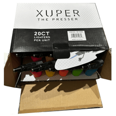 Partially opened Xuper The Presser lighter display box showing product item number 98-1168N and UPC code 426049811689 on the top flap.