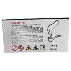 Back of Xuper The Presser lighter box highlighting safety features: adjustable flame, windproof, child-resistant, and tamper-proof safety cap with labeled diagram showing ignition button, flame adjustor, and refill valve.