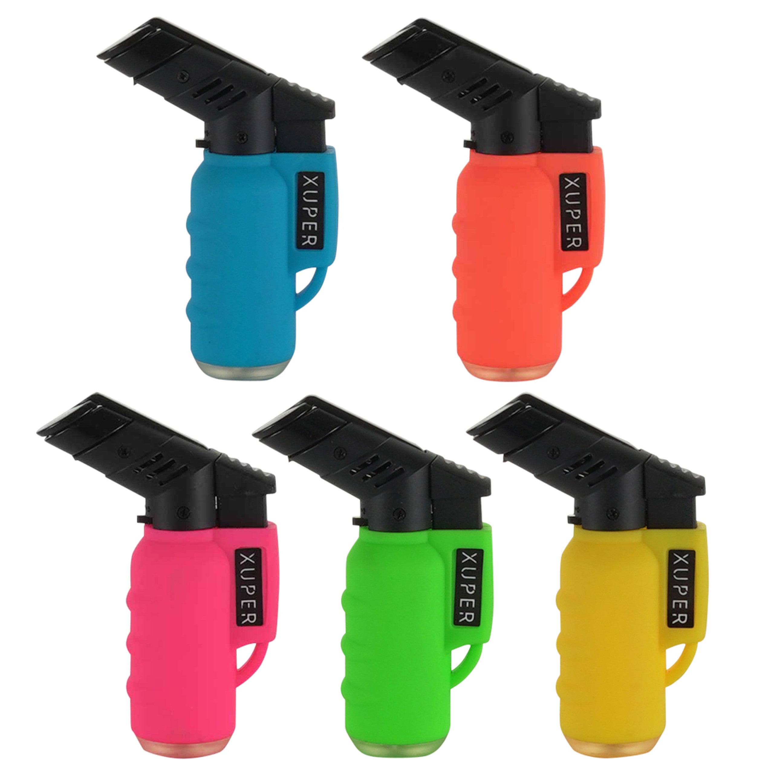 Xuper XU-62N Refillable Neon Butane Torch Lighters – 20 Count Display Pack – Assorted Colors – Windproof Jet Flame