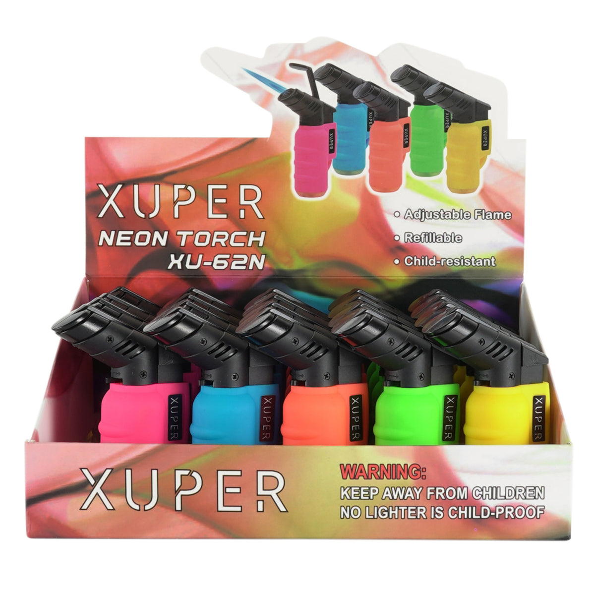 Xuper XU-62N Refillable Neon Butane Torch Lighters – 20 Count Display Pack – Assorted Colors – Windproof Jet Flame