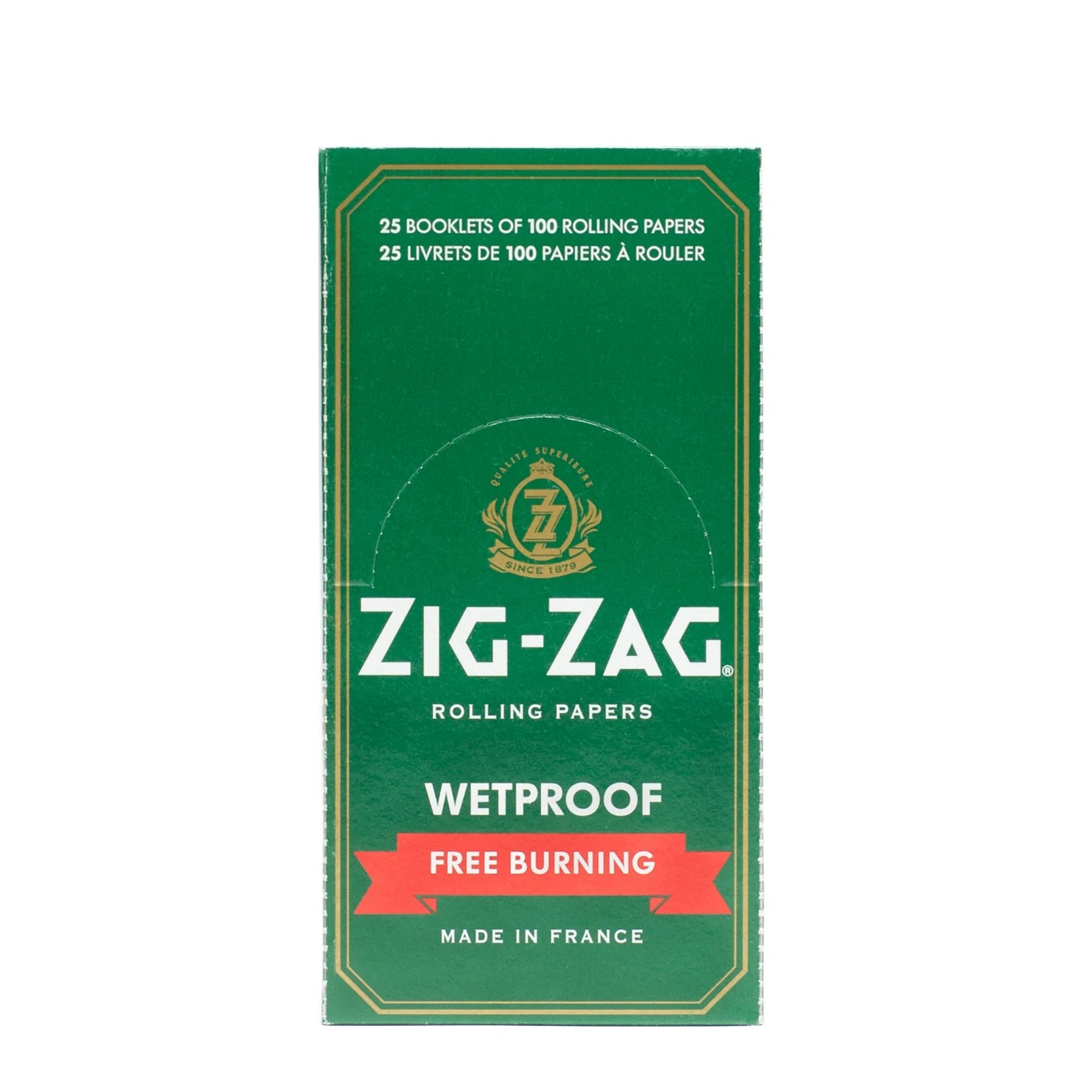 Zig-Zag Green Wetproof Free-Burning Single Wide Rolling Papers – 25 Packs per Carton (100 Leaves Each)