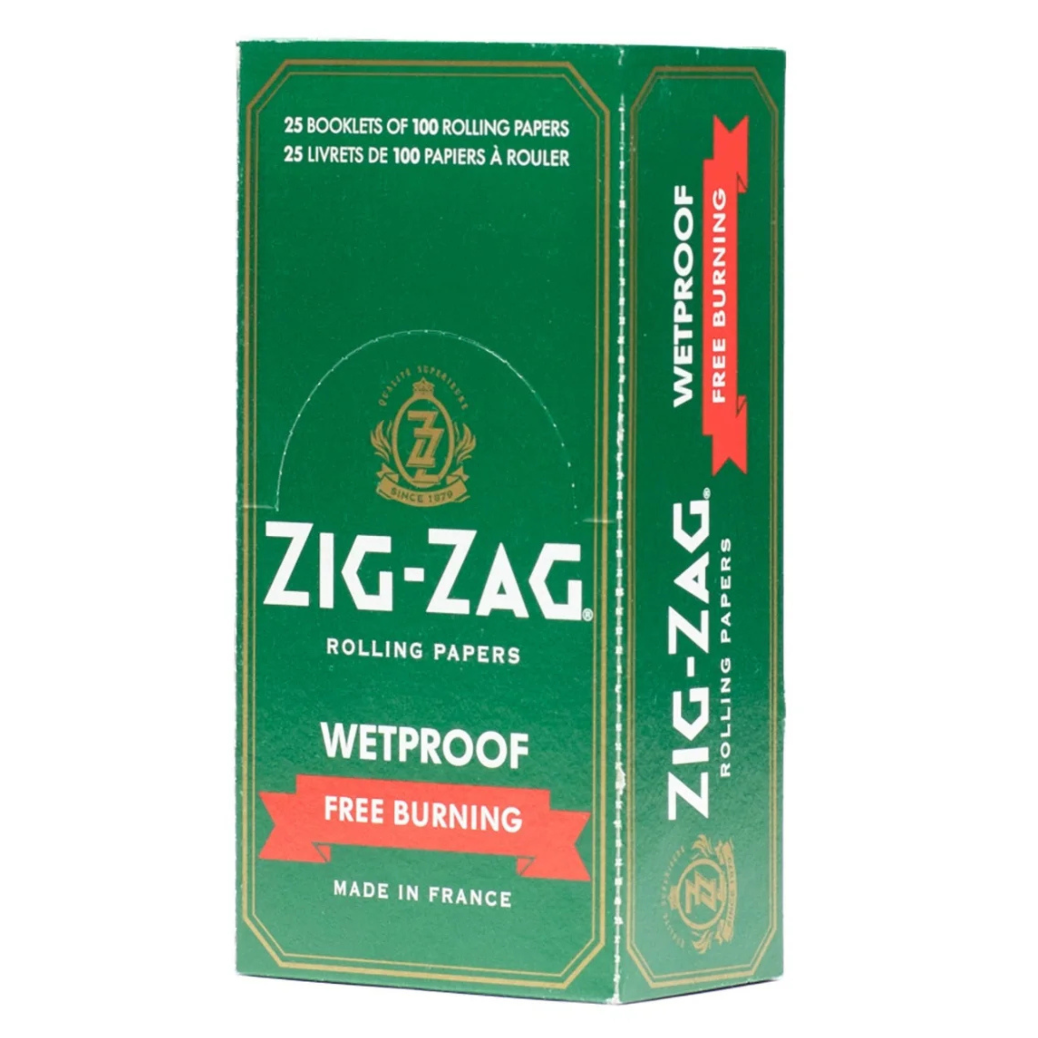 Zig-Zag Green Wetproof Free-Burning Single Wide Rolling Papers – 25 Packs per Carton (100 Leaves Each)